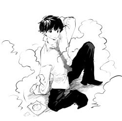 Rule 34 | 1boy, aged down, blue archive, highres, sensei (blue archive), sitting, smoke, twitter, white background, yamamoto kichiko