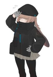 Rule 34 | 1girl, absurdres, animal ears, arknights, arm up, black hat, black jacket, black pantyhose, brown hair, cabbie hat, commentary request, flying sweatdrops, gloves, grey gloves, grey skirt, hair over eyes, half gloves, hand on own hip, hat, highres, jacket, long sleeves, pantyhose, pleated skirt, puffy long sleeves, puffy sleeves, rabbit ears, reserve operator caster (arknights), simple background, skirt, soda (sod4), solo, white background