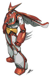 Rule 34 | absurdres, afukuro, cape, clenched hands, from side, full body, getter-1, getter robo, highres, knee pads, mecha, no humans, numbered, robot, signature, simple background, solo, spikes, standing, white background