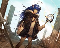 Rule 34 | 1girl, arknights, black halo, black shorts, black wings, blue eyes, blue hair, clenched hands, dark halo, demon girl, demon horns, demon tail, detached wings, dutch angle, energy wings, feet out of frame, gloves, halo, highres, holding, holding staff, horns, long hair, long sleeves, looking at viewer, mostima (arknights), outdoors, pillar, ruins, ruyu (txzy22), shirt, short shorts, shorts, smile, solo, staff, tail, white gloves, white shirt, wings