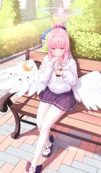 Rule 34 | 1girl, absurdres, alternate costume, alternate hairstyle, bench, blue archive, blunt bangs, blush, bow, brick floor, bubble tea, bush, crescent, crescent print, cup, daran9, disposable cup, feathered wings, foot out of frame, footwear bow, hair intakes, hair ornament, hair scrunchie, halo, high ponytail, highres, holding, holding cup, hood, hoodie, long sleeves, looking at viewer, low wings, mika (blue archive), miniskirt, on bench, outdoors, pantyhose, park, park bench, pink hair, pink halo, pleated skirt, ponytail, puffy long sleeves, puffy sleeves, purple bow, purple scrunchie, purple skirt, scrunchie, sitting, skirt, solo, white footwear, white hoodie, white pantyhose, white wings, wing ornament, wings, yellow eyes