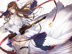 Rule 34 | 1girl, bad id, bad pixiv id, bolt action, braid, breasts, bridal gauntlets, brown hair, dress, french braid, girls&#039; frontline, gloves, green eyes, gun, hair ornament, highres, holding, holding gun, holding weapon, large breasts, lee-enfield, lee-enfield (girls&#039; frontline), long hair, looking at viewer, mizumochi (1egend), rifle, solo, standing, thighhighs, weapon, white background, white dress, white gloves, white thighhighs