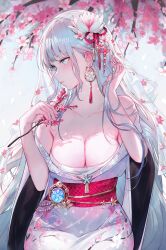 Rule 34 | 1girl, absurdres, alternate costume, ayaka (genshin impact), bare shoulders, blue eyes, blush, breasts, cherry blossoms, cherry hair ornament, cleavage, collarbone, earrings, flower, food-themed hair ornament, genshin impact, glint, hair flower, hair ornament, highres, japanese clothes, jewelry, kimono, medium breasts, no mole, obi, parted lips, qiandaiyiyu, sash, solo, strapless, tassel, tassel earrings, vision (genshin impact), white hair, wide sleeves