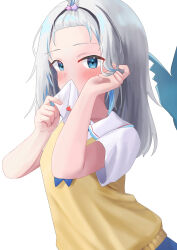 Rule 34 | 1girl, absurdres, bangs pinned back, blue eyes, blue hair, blue necktie, blush, commentary request, covering own mouth, fins, fish tail, forehead, gawr gura, gawr gura (school uniform), grey hair, highres, holding, holding letter, hololive, hololive english, kurushiro1102, letter, long hair, looking at viewer, love letter, multicolored hair, necktie, official alternate costume, official alternate hairstyle, sailor collar, school uniform, shark tail, shirt, short necktie, short sleeves, solo, streaked hair, sweater vest, tail, twirling hair, two side up, vest, virtual youtuber, white sailor collar, white shirt, yellow vest