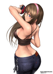 Rule 34 | 1girl, ass, blue eyes, breasts, brown hair, butt crack, curvy, dead or alive, denim, hairband, hitomi (doa), jeans, large breasts, pants, ryu (ryu&#039;s form site), sideboob, solo, tecmo