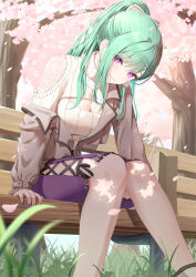 Rule 34 | 1girl, absurdres, bag, bench, black ribbon, bow, breasts, brown jacket, cherry blossoms, cleavage, cleavage cutout, clothing cutout, frilled skirt, frills, green hair, hair bow, hair ornament, hairclip, highres, jacket, jewelry, kishiro (mameyamu matu), large breasts, leaning forward, long hair, long sleeves, looking at viewer, meme attire, mole, mole on breast, necklace, off shoulder, official alternate costume, open-chest sweater, open clothes, open jacket, outdoors, ponytail, purple eyes, purple nails, purple skirt, ribbed sweater, ribbon, shoulder cutout, sideless outfit, sitting, skirt, smile, solo, sweater, swept bangs, tree, turtleneck, turtleneck sweater, virtual youtuber, vspo!, white bow, white sweater, wind, yakumo beni, yakumo beni (3rd costume)