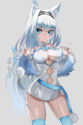 Rule 34 | 1girl, :3, animal ear fluff, animal ears, argyle, argyle clothes, argyle cutout, blue bow, blue ribbon, blue thighhighs, blush, bow, breasts, cat ears, cat girl, cat tail, cleavage, clothing cutout, detached collar, dobrynya nikitich (fate), dress, fate/grand order, fate (series), fur trim, highres, large breasts, looking at viewer, m0 chi, ribbon, short dress, solo, tail, thighhighs, underwear, white dress, white hair