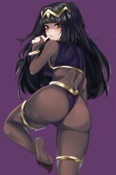 Rule 34 | 1girl, armpit crease, ass, back, barefoot, biting, biting own finger, biting own thumb, black hair, blunt bangs, bodystocking, bracelet, breasts, cameltoe, commentary, dot nose, fire emblem, fire emblem awakening, from behind, gold, highres, jewelry, long hair, looking at viewer, looking back, medium breasts, nintendo, purple background, purple eyes, simple background, solo, tharja (fire emblem), thighlet, biting own thumb, tiara, tsunnai, two side up, underwear
