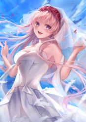 Rule 34 | 1girl, :d, absurdres, bare arms, blue sky, breasts, bridal veil, cleavage, day, dress, floating hair, flower, hair flower, hair ornament, head wreath, highres, long hair, medium breasts, open mouth, outdoors, petals, pink hair, princess connect!, purple eyes, red flower, red rose, rose, ryuna (inc moon), sash, sky, smile, solo, standing, strapless, strapless dress, tsumugi (princess connect!), veil, very long hair, wedding dress, white dress
