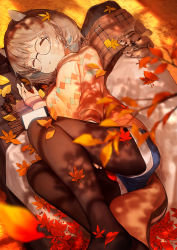 Rule 34 | 1girl, :o, animal, animal ears, autumn, autumn leaves, black-framed eyewear, blush, breasts, brown footwear, brown hair, casual, cellphone, closed eyes, commentary request, couch, dappled sunlight, day, denim, denim shorts, feet out of frame, glasses, highres, pantyhose under shorts, long sleeves, medium breasts, on couch, original, outdoors, pantyhose, parted lips, phone, round eyewear, short hair, short shorts, shorts, sleeping, sleeves past wrists, smartphone, solo, squirrel, squirrel ears, squirrel girl, squirrel tail, sunlight, sweater, tail, turtleneck, turtleneck sweater, watarumi