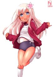 Rule 34 | 1girl, absurdres, alternate costume, artist logo, blonde hair, blue buruma, blue eyes, buruma, commentary request, dated, flower, gym uniform, hair flower, hair ornament, highres, jacket, kanon (kurogane knights), kantai collection, long hair, looking at viewer, name tag, one-piece tan, open clothes, open jacket, open mouth, red jacket, ro-500 (kancolle), shoes, simple background, smile, sneakers, solo, standing, standing on one leg, tan, tanline, white background, white footwear