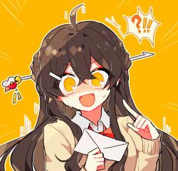 Rule 34 | !?, 1girl, ara haan, bad id, bad pixiv id, blush, braid, brown hair, buchu14569590, elsword, hair between eyes, hair ornament, hairclip, holding, holding letter, letter, long hair, md5 mismatch, resolution mismatch, solo, source smaller, yellow background, yellow eyes
