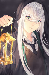 Rule 34 | 1boy, akapug621, asclepius (fate), bad id, bad pixiv id, candle, collar, eyes visible through hair, fate/grand order, fate (series), green eyes, hair between eyes, hood, hood up, lantern, male focus, necktie, parted lips, short hair with long locks, white hair