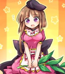 Rule 34 | 1girl, :o, breasts, brown hair, dress, hat, looking at viewer, medium breasts, nishida satono, pink dress, pote (ptkan), puffy short sleeves, puffy sleeves, purple eyes, short hair with long locks, short sleeves, simple background, solo, star (symbol), starry background, touhou, v arms, yellow background