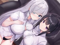 Rule 34 | 2girls, aqua eyes, black hair, black panties, blush, breast press, breasts, closed mouth, collared shirt, couch, from above, grey hair, hair over one eye, highres, indoors, j young, large breasts, long hair, looking at viewer, medium breasts, multiple girls, non-web source, open clothes, open shirt, original, panties, purple eyes, shirt, short sleeves, sidelocks, sitting, underwear, white shirt