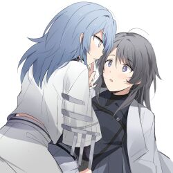 Rule 34 | 2girls, absurdres, black shirt, blue hair, blush, bright pupils, chest strap, chief (path to nowhere), coat, coat on shoulders, collared shirt, eye contact, female chief (path to nowhere), grey coat, grey eyes, grey hair, hecate (path to nowhere), highres, layered sleeves, long hair, long sleeves, looking at another, multiple girls, parted lips, path to nowhere, purple eyes, sappazell, shirt, short over long sleeves, short sleeves, simple background, skirt, straddling, white background, white pupils, white shirt, white skirt, yuri