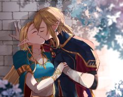 Rule 34 | 1boy, 1girl, blonde hair, blush, braid, breasts, brown hair, day, earrings, elf, holding hands, jewelry, kiss, link, long hair, nintendo, pointy ears, princess zelda, the legend of zelda, the legend of zelda: breath of the wild, trifocal, wall
