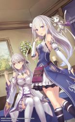 Rule 34 | 10s, 2girls, anbe yoshirou, braid, breasts, character request, cleavage, commentary request, cosplay, costume switch, crown braid, detached sleeves, dress, elf, emilia (re:zero), flower, french braid, frilled dress, frilled sleeves, frills, gem, hair flower, hair ornament, hair ribbon, highres, indoors, long hair, looking at viewer, medium breasts, multiple girls, ordinal strata, pointy ears, puck (re:zero), purple eyes, re:zero kara hajimeru isekai seikatsu, red eyes, ribbon, silver hair, white flower, white legwear, wide sleeves, x hair ornament