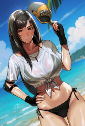 Rule 34 | 1girl, beach, bikini, bikini under clothes, black bikini, black hair, blue sky, breasts, commentary request, crop top, elbow pads, final fantasy, final fantasy vii, final fantasy vii ever crisis, fingerless gloves, front-tie top, gloves, hand on own hip, hat, highres, large breasts, official alternate costume, see-through, see-through shirt, sgk, shirt, side-tie bikini bottom, single elbow pad, sky, smile, solo, swimsuit, tifa lockhart, tifa lockhart (lifeguard), unworn headwear, wet, wet clothes, wet shirt, whistle, whistle around neck