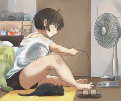 Rule 34 | 1girl, absurdres, ahoge, alarm clock, barefoot, bed, bed sheet, bedroom, black cat, bob cut, bra, brown eyes, brown hair, cat, clock, commentary, controller, cup, door, drinking glass, electric fan, feet, from side, game console, game controller, highres, holding, holding controller, holding game controller, ice, knee up, koi0910, looking ahead, off shoulder, on floor, original, pillow, playing games, see-through, shin megami tensei, shin megami tensei ii, shirt, short hair, sitting, stereo, super famicom, sweat, thighs, tissue box, toes, tray, underwear, wet, wet clothes, wet shirt, white bra