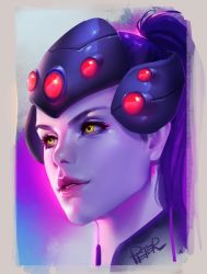 Rule 34 | 1girl, artist name, colored skin, commentary request, head-mounted display, high ponytail, lips, looking afar, overwatch, overwatch 1, parted lips, peter xiao, portrait, purple hair, purple skin, realistic, signature, solo, superschool48, widowmaker (overwatch), yellow eyes