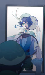 Rule 34 | androgynous, ayanon ite, barbatos (genshin impact), bard, beret, black hair, blue eyes, blue hair, braid, brown cloak, cape, cloak, collared cape, commentary, different reflection, elemental (creature), english commentary, flower, frilled sleeves, frills, gender request, genshin impact, gradient hair, green cape, green eyes, green headwear, green shorts, hat, hat flower, highres, hood, hooded cloak, male focus, mirror, multicolored hair, nameless bard (genshin impact), pantyhose, reflection, short hair with long locks, shorts, smile, twin braids, venti (genshin impact), white flower, white pantyhose, wide-eyed