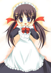 Rule 34 | 1girl, apron, blue eyes, blush, bow, brown hair, frills, hair ornament, hair ribbon, hairclip, hands on own cheeks, hands on own face, long hair, looking at viewer, maid, maid apron, maid headdress, meito (maze), open mouth, ribbon, simple background, solo, twintails