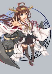 Rule 34 | 10s, 1girl, ahoge, bare shoulders, boots, brown hair, detached sleeves, double bun, hairband, hakama, hakama short skirt, hakama skirt, headgear, high heels, highres, japanese clothes, kantai collection, kongou (kancolle), kongou kai ni (kancolle), long hair, looking at viewer, nontraditional miko, open mouth, pleated skirt, purple eyes, ribbon-trimmed sleeves, ribbon trim, rigging, saitou (lynx-shrike), simple background, skirt, solo, thigh boots, thighhighs, turret