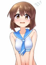 Rule 34 | 1girl, absurdres, bare shoulders, bikini, blue neckerchief, blue sailor collar, blush, bob cut, breasts, brown eyes, brown hair, collarbone, commentary, crop top, embarrassed, flying teardrops, hagiwara yukiho, hair between eyes, highres, idolmaster, idolmaster (classic), looking at viewer, m xay, midriff, navel, neckerchief, open mouth, parted lips, raised eyebrows, sailor bikini, sailor collar, sailor swimsuit (idolmaster), short hair, simple background, small breasts, solo, swimsuit, tearing up, tears, upper body, v arms, wavy mouth, white background, white bikini