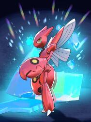 bug claws colored_skin creatures_(company) full_body game_freak gen_2_pokemon highres insect_wings looking_at_viewer nintendo pokemon pokemon_(creature) red_skin redamber334 scizor solo standing wings yellow_eyes