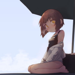 Rule 34 | 1girl, bag, bare shoulders, barefoot, beach umbrella, blue one-piece swimsuit, blue sky, blush, breasts, brown hair, closed mouth, clothes writing, day, ear blush, female focus, from side, full body, happy, highres, hood, hoodie, jacket, japanese text, kantai collection, kneeling, long sleeves, looking at viewer, nose blush, off-shoulder jacket, off shoulder, one-piece swimsuit, outdoors, seiza, short hair, sidelocks, sitting, sky, small breasts, smile, solo, split mouth, swimsuit, translation request, tsuzuri (tu-san house), umbrella, white hoodie, white jacket, yellow eyes, yukikaze (kancolle)