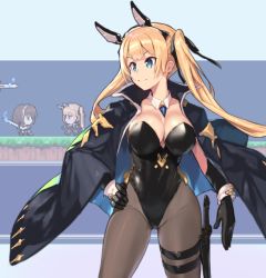 Rule 34 | 2girls, arm at side, black gloves, black pantyhose, blonde hair, blue eyes, breasts, cleavage, closed mouth, coat, cowboy shot, crotch, detached collar, gem, gloves, groin, hair ribbon, hairband, hand on own hip, highleg, highleg leotard, kirikawa ikumu, large breasts, legs apart, leotard, long hair, looking to the side, multiple girls, original, pantyhose, pixelated, ribbon, side-tie leotard, smile, standing, strapless, strapless leotard, thigh strap, twintails, v-shaped eyebrows, weapon