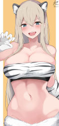 Rule 34 | 1girl, absurdres, animal ears, animal print, blonde hair, blush, breasts, chinese zodiac, cleavage, collarbone, commentary request, cosplay, dated, fake animal ears, gloves, green eyes, gyaru, hair between eyes, highres, kogal, large breasts, letterboxed, long hair, navel, open mouth, original, signature, simple background, solo, standing, stomach, teeth, tiger print, v-shaped eyebrows, very long hair, white gloves, year of the tiger, yuzuki himuka