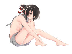 Rule 34 | 10s, 1girl, backless dress, backless outfit, bare back, bare legs, bare shoulders, barefoot, black hair, blush, breasts, brown eyes, covered mouth, dress, from side, full body, hair ribbon, halterneck, hand on own knee, highres, kimi no na wa., knees up, looking at viewer, medium breasts, meme attire, miyamizu mitsuha, no bra, panties, pantyshot, ponytail, red ribbon, ribbed sweater, ribbon, short hair, sideboob, sidelocks, simple background, sitting, solo, stardust (chen&#039;ai weiding), sweater, sweater dress, turtleneck, turtleneck sweater, underwear, virgin killer sweater, white background, white panties