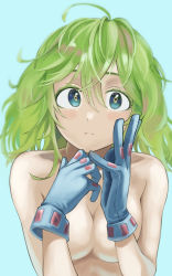 Rule 34 | 1girl, absurdres, ahoge, blue eyes, boku no hero academia, breasts, closed mouth, covering privates, covering breasts, fengling (furin-jp), gloves, green hair, hagakure tooru, hands up, highres, blue background, light frown, medium breasts, portrait, short hair, simple background, solo, topless, unusually visible, upper body