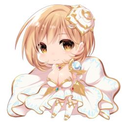 Rule 34 | 1girl, blush, breasts, brown eyes, chibi, cleavage, closed mouth, commentary request, cosplay, djeeta (granblue fantasy), dress, flower, glorybringer (granblue fantasy), granblue fantasy, hair between eyes, hair flower, hair ornament, highres, large breasts, light brown hair, looking at viewer, mofuaki, rose, simple background, smile, solo, strapless, strapless dress, the glory, the glory (cosplay), thighhighs, white background, white dress, white flower, white rose, white thighhighs