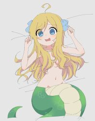 Rule 34 | 1girl, ahoge, bed sheet, blonde hair, blue eyes, blue ribbon, blush, breasts, commentary request, fangs, hair over breasts, hair ribbon, hands up, highres, jashin-chan, jashin-chan dropkick, lamia, long hair, looking at viewer, lying, medium breasts, monster girl, navel, nervous smile, nude, on back, open mouth, potoio, ribbon, smile, solo, sweatdrop