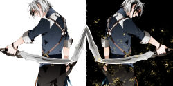 Rule 34 | 2boys, bad id, bad pixiv id, black background, black hair, clone, copyright name, dual persona, dual wielding, grey hair, holding, ludger will kresnik, male focus, multicolored hair, multiple boys, pants, rasshel, reverse grip, sword, symmetry, tales of (series), tales of xillia, tales of xillia 2, two-tone hair, weapon, white background