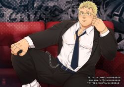 Rule 34 | 1boy, bara, belt, black suit, blonde hair, blue belt, blue necktie, bored, bulge, chain, collared shirt, couch, covered erect nipples, daisukebear, dorohedoro, elbow rest, facial hair, feet out of frame, formal, glasses, large pectorals, looking at viewer, loose necktie, male focus, muscular, muscular male, necktie, on couch, paid reward available, partially unbuttoned, pectorals, shin (dorohedoro), shirt, short hair, sideburns, sideburns stubble, sitting, solo, spread legs, stitches, stubble, suit, thick eyebrows, thick thighs, thighs