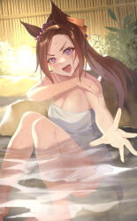 Rule 34 | 1girl, animal ears, blush, breasts, brown hair, cleavage, ear ornament, flower-shaped pupils, highres, horse ears, horse girl, horse tail, jpeg artifacts, kabocha (monkey4), large breasts, looking at viewer, naked towel, onsen, open mouth, outstretched arm, partially submerged, ponytail, purple eyes, sakura bakushin o (umamusume), smile, solo, symbol-shaped pupils, tail, teeth, towel, umamusume, wall, white towel