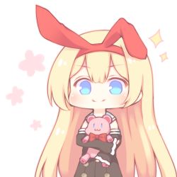 Rule 34 | &gt;:), 1girl, black dress, black sleeves, blonde hair, blue eyes, blush, bow, bowtie, chibi, closed mouth, commentary, detached sleeves, dress, hair between eyes, hair ribbon, long hair, long sleeves, mahjong soul, mikami chiori, hugging object, red bow, red bowtie, red ribbon, ribbon, sakurato ototo shizuku, simple background, sleeveless, sleeveless dress, sleeves past wrists, smile, solo, sparkle, standing, stuffed animal, stuffed toy, teddy bear, upper body, v-shaped eyebrows, very long hair, white background
