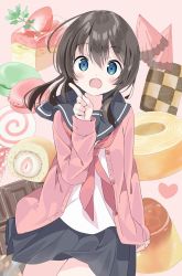 Rule 34 | 1girl, baumkuchen, black hair, black skirt, blue eyes, blush, cake, candy, cardigan, checkerboard cookie, chocolate, commentary request, cookie, cowboy shot, drooling, fang, food, fruit, gelatin, grey sailor collar, grey skirt, hair between eyes, heart, highres, index finger raised, lollipop, long hair, long sleeves, looking at viewer, macaron, neckerchief, open cardigan, open clothes, open mouth, original, pink background, pink cardigan, pink sweater, pleated skirt, pudding, red neckerchief, sailor collar, saliva, school uniform, serafuku, shirt, skirt, sleeves past wrists, solo, spiral, strawberry, sweater, sweets, swiss roll, tantan men (dragon), white shirt