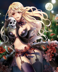 Rule 34 | 1girl, arm between breasts, bad id, bad pixiv id, bare shoulders, between breasts, black gloves, black thighhighs, blonde hair, blush, breasts, dress, earrings, elbow gloves, flower, frills, full moon, garter belt, garter straps, gloves, impossible clothes, jewelry, kurosawa itsuki, large breasts, looking at viewer, moon, navel, night, original, petals, pointy ears, red eyes, rose, skull, smile, solo, thigh gap, thighhighs, vampire