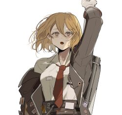 Rule 34 | 1girl, arm up, badge, black coat, black pants, blonde hair, breasts, coat, collared shirt, don quixote (project moon), highres, limbus company, medium breasts, necktie, note nii, open mouth, pants, project moon, red necktie, shirt, short hair, simple background, single off shoulder, solo, sticker, white background, white shirt, yellow eyes