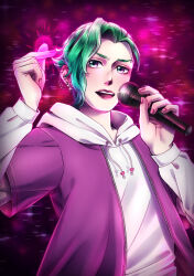 Rule 34 | 1boy, absurdres, carole &amp; tuesday, darcystardust, ear piercing, green hair, highres, holding, holding microphone, hood, hood down, hoodie, jacket, long sleeves, looking at viewer, microphone, music, piercing, purple jacket, pyotr (carole &amp; tuesday), red nails, singing, snapping fingers, solo, upper body, white hoodie