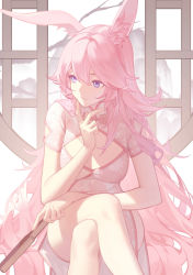 Rule 34 | 1girl, animal ears, bad id, bad pixiv id, breasts, china dress, chinese clothes, cleavage, closed mouth, crossed legs, dress, fox ears, hair between eyes, hand fan, highres, holding, holding fan, honkai (series), honkai impact 3rd, invisible chair, long hair, pink dress, pink hair, purple eyes, short sleeves, sitting, solo, sougishi ego, white background, window, yae sakura