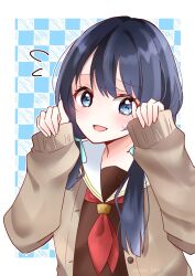Rule 34 | 1girl, absurdres, blue eyes, blue hair, blush, brown cardigan, brown dress, cardigan, dress, furrowed brow, hair over shoulder, highres, link! like! love live!, long hair, long sleeves, looking at viewer, love live!, mole, mole on neck, murano sayaka, neckerchief, open mouth, red neckerchief, ririn (ririn 501), sailor collar, sleeves past wrists, solo, sweat, swept bangs, twintails, upper body, white sailor collar, winter uniform