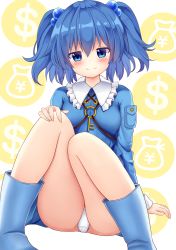 Rule 34 | 1girl, :3, absurdres, ass, blue eyes, blue footwear, blue hair, blue shirt, boots, breasts, commentary request, dollar sign, feet out of frame, frilled shirt collar, frills, hair between eyes, hair bobbles, hair ornament, highres, kawashiro nitori, key, knees together feet apart, knees up, long sleeves, looking at viewer, no headwear, panties, pantyshot, pocket, shirt, short hair, sitting, small breasts, smile, solo, suigetsu (watermoon-910), thighs, touhou, two side up, underwear, white background, white panties, yen sign