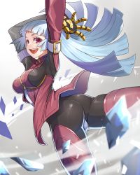 Rule 34 | 1girl, absurdres, ass, ass focus, belt, blue hair, bodysuit, breasts, gloves, highres, ice, kula diamond, long hair, looking at viewer, medium breasts, purple eyes, qome, simple background, smile, snk, the king of fighters, white background, zipper