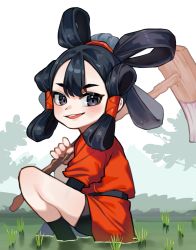 Rule 34 | 1girl, absurdres, bad id, bad twitter id, black eyes, black hair, blush, grass, grin, hair ornament, hair rings, hair tubes, highres, hoe, japanese clothes, looking at viewer, outdoors, parted lips, rice paddy, sakuna-hime, short eyebrows, smile, solo, squatting, tensui no sakuna-hime, useq1067, wading, water